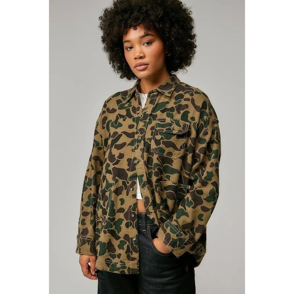 BDG Urban Outfitters Dani Flannel Shirt Tunic Top Buttondown Army Print M 276413